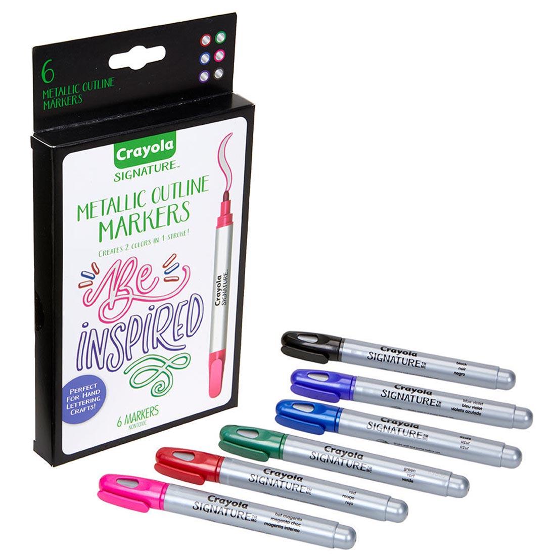 Package of Crayola Signature Metallic Outline Paint Marker Set with 6 Markers Laying Outside