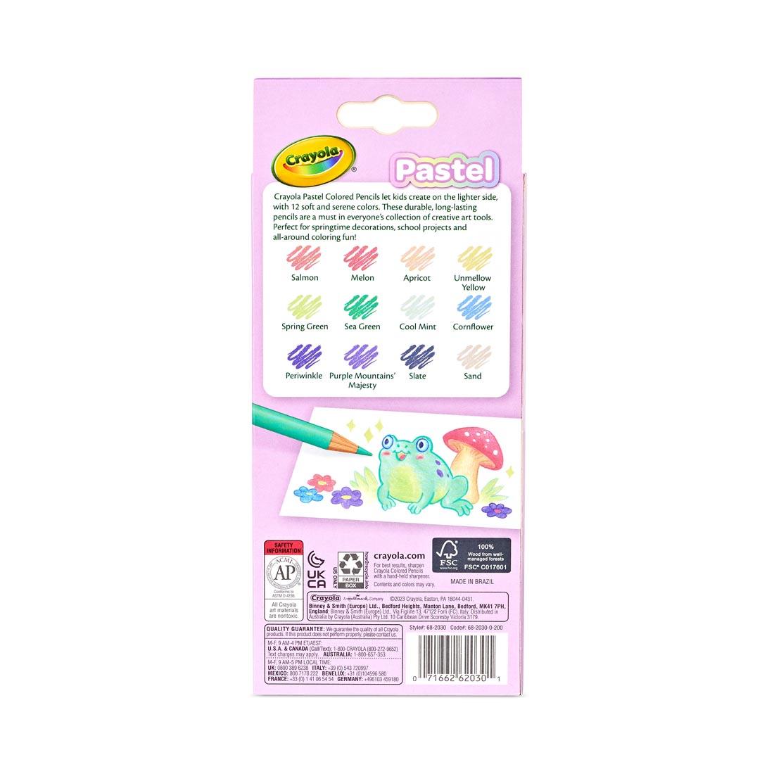back of package of Crayola Pastel Colored Pencils 12-Color Set