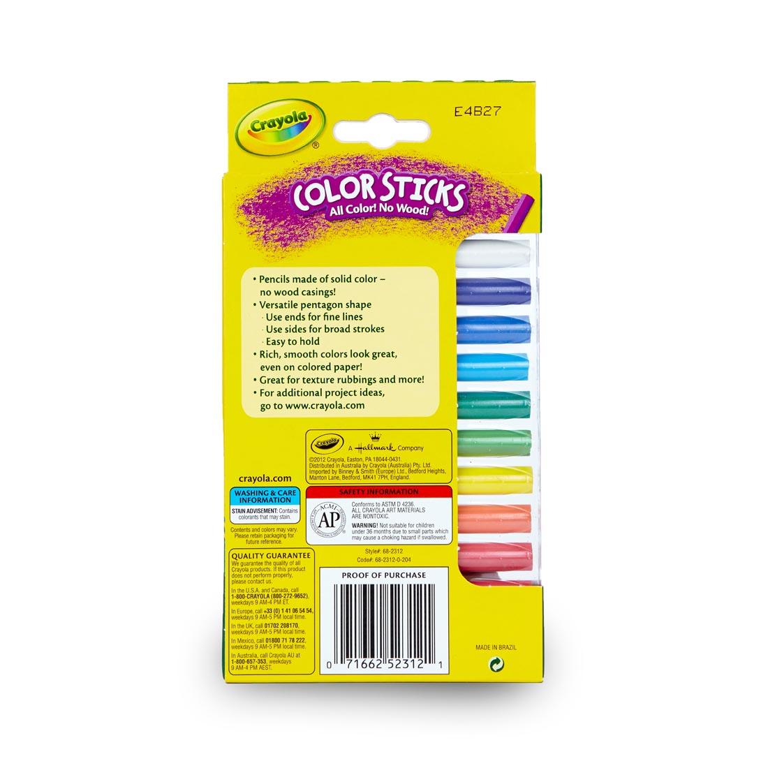 Back of package of the Crayola Color Sticks 12-Color Set