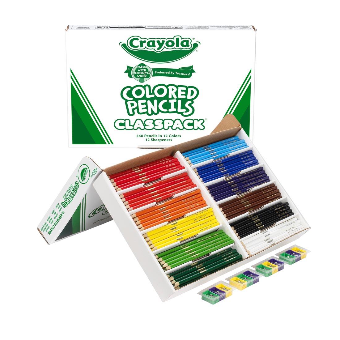 Crayola Colored Pencils 240-Count Classpack Box Shown Both Closed and Open with Sharpeners Beside It