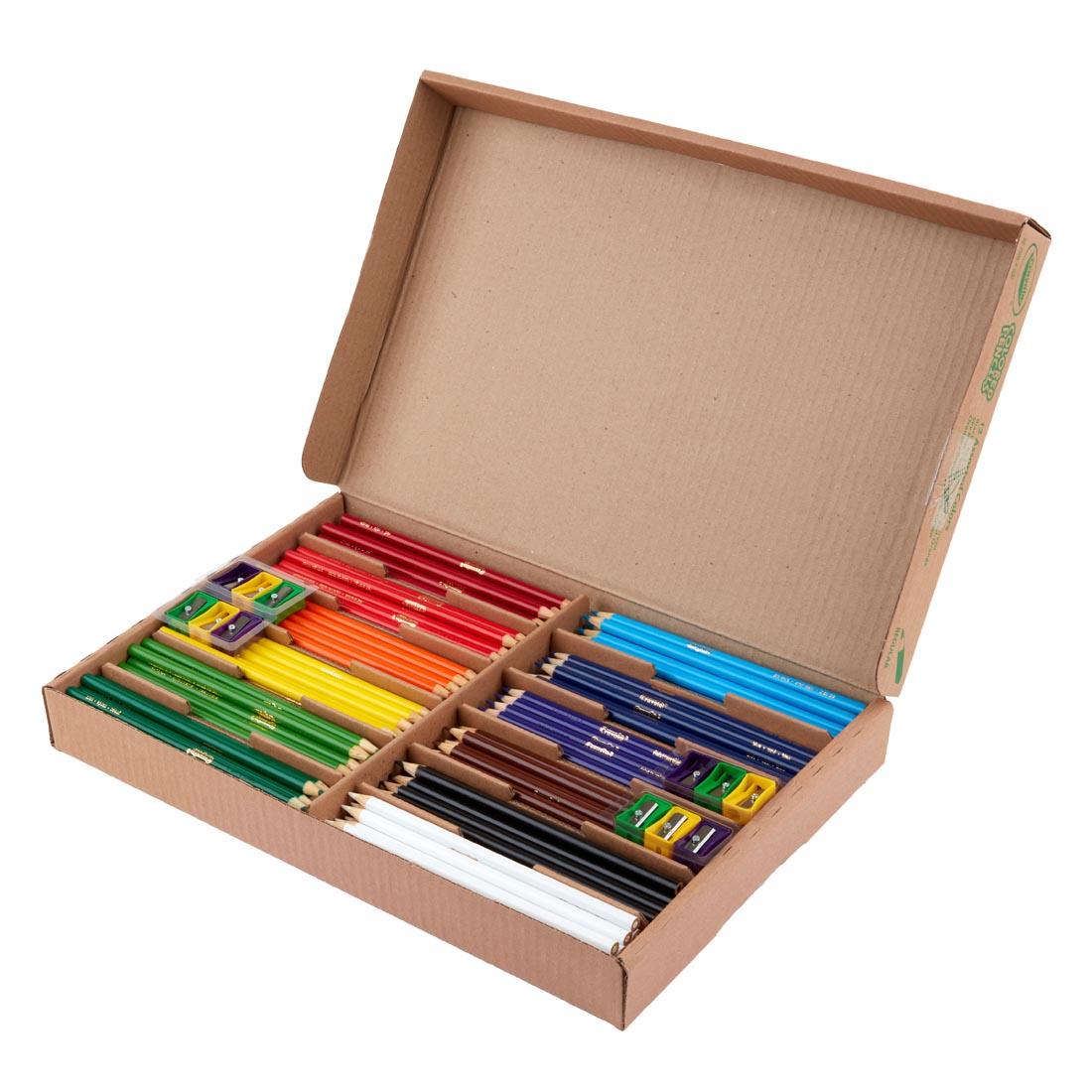 Crayola Colored Pencils 240-Count Classpack box shown with lid open and pencil sharpeners on top of some of the pencils