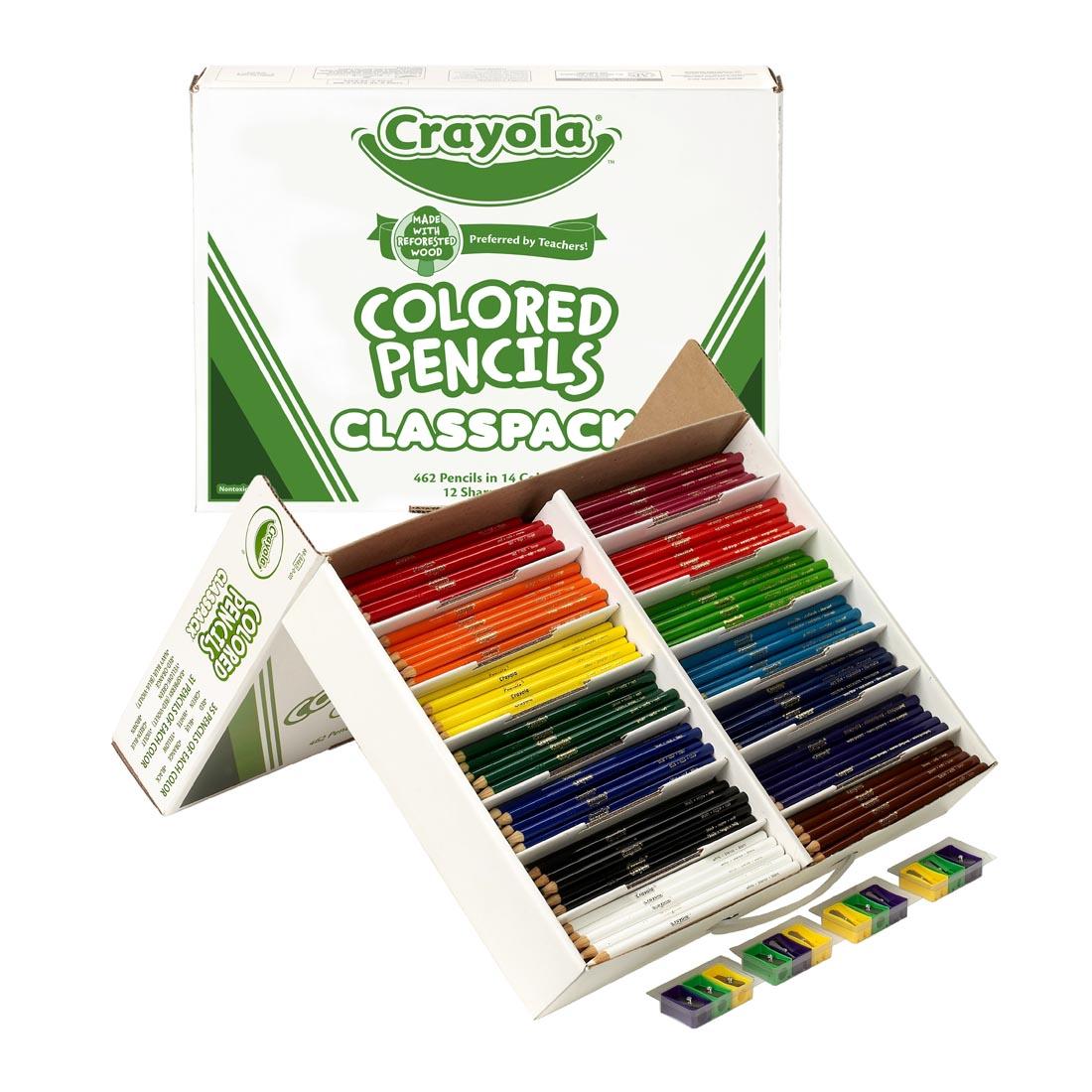 Crayola Colored Pencils 462-Count Classpack box shown closed and also open with pencil sharpeners