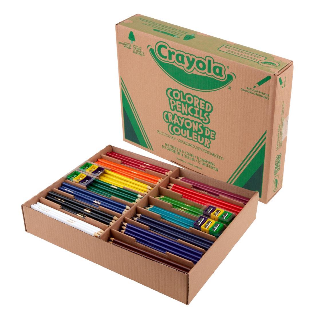 Crayola Colored Pencils 462-Count Classpack box shown closed and also open with pencil sharpeners