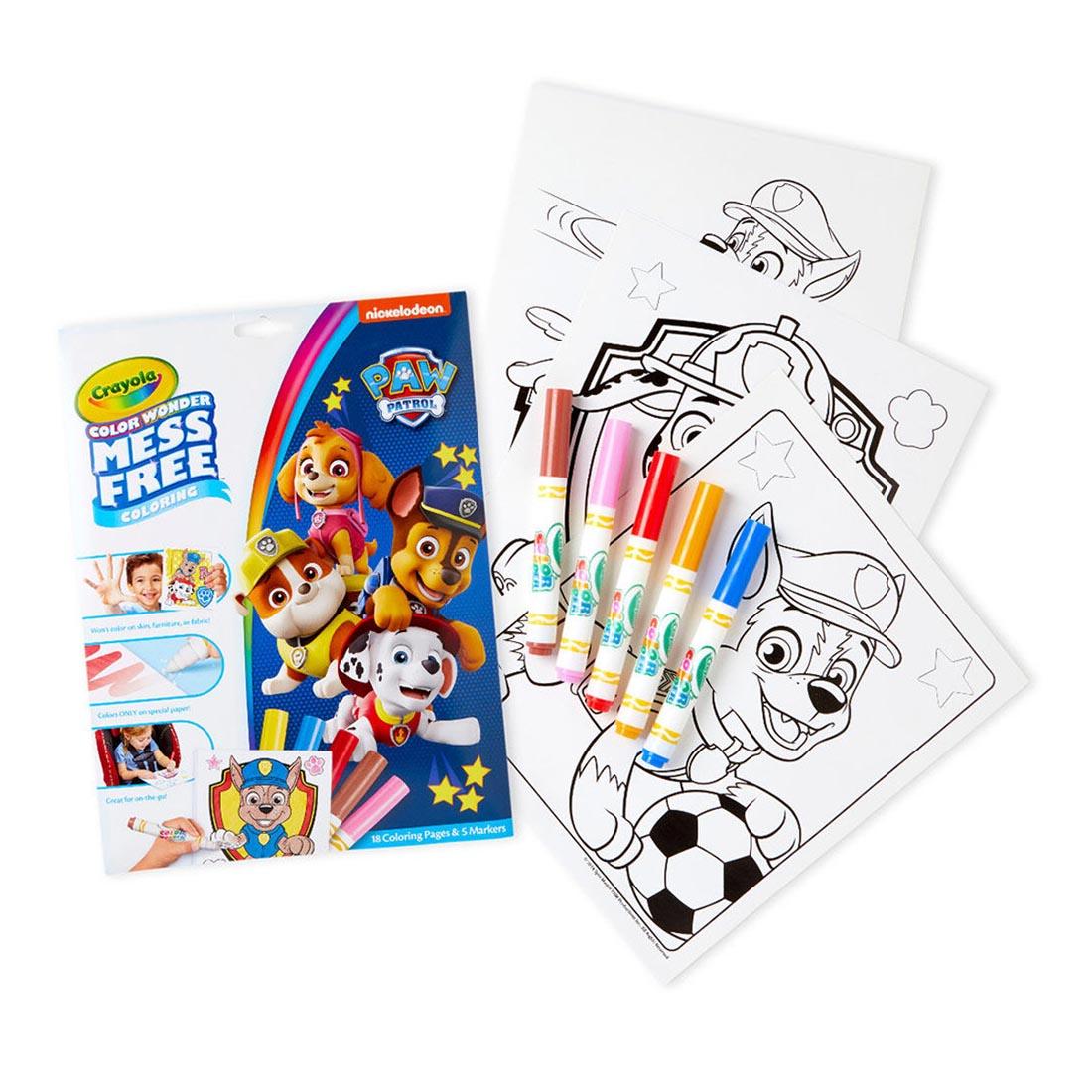 Crayola Color Wonder Mess Free Paw Patrol Coloring Set shown with 5 Markers and Sample Pages