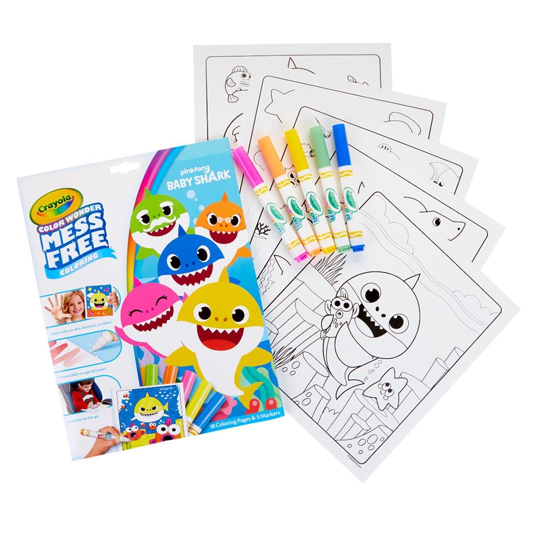 Crayola Color Wonder Mess Free Baby Shark Coloring Set Shown with 5 Markers and Sample Pages