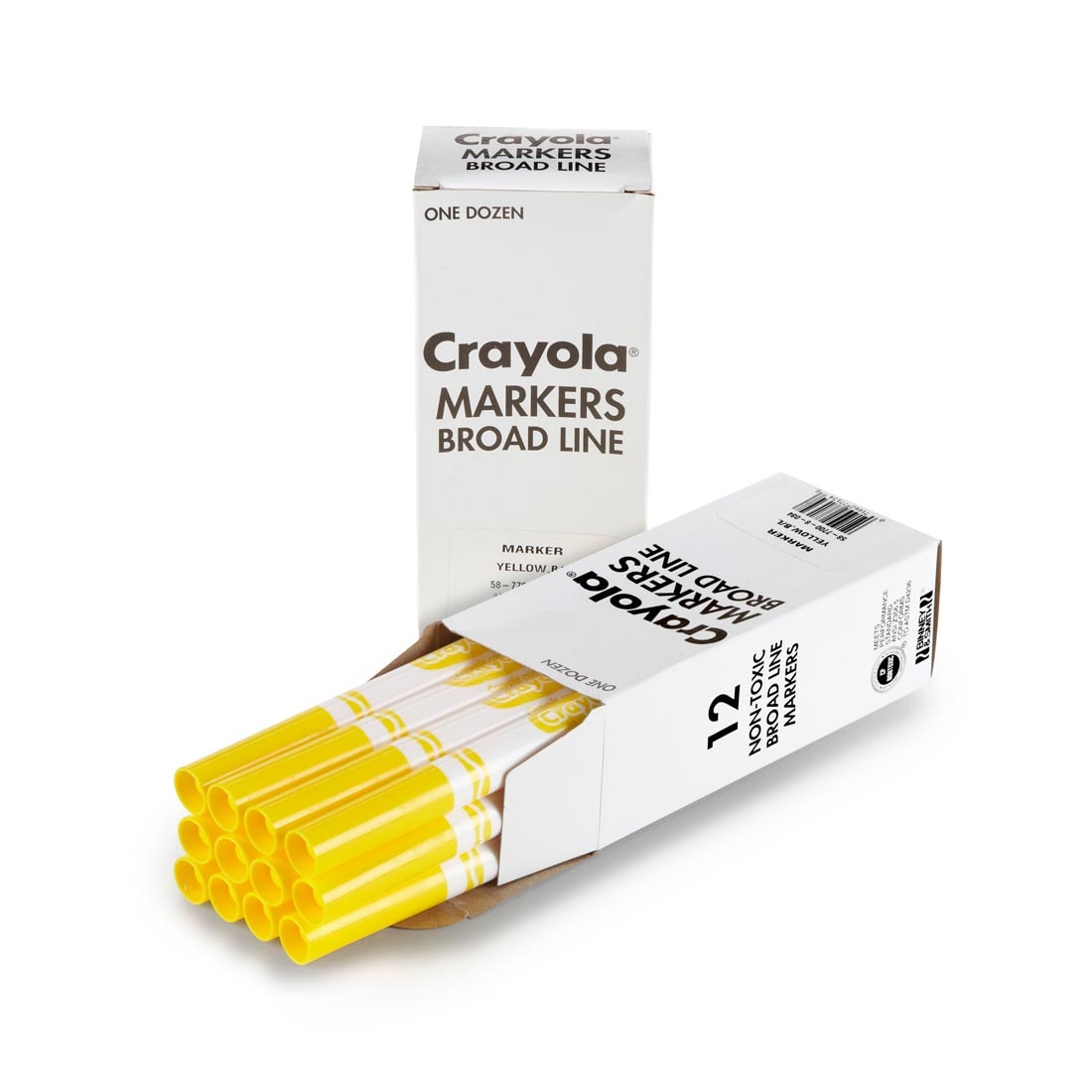 Box of Crayola Broad Line Marker Refills shown both closed and open with 12 Yellow Markers