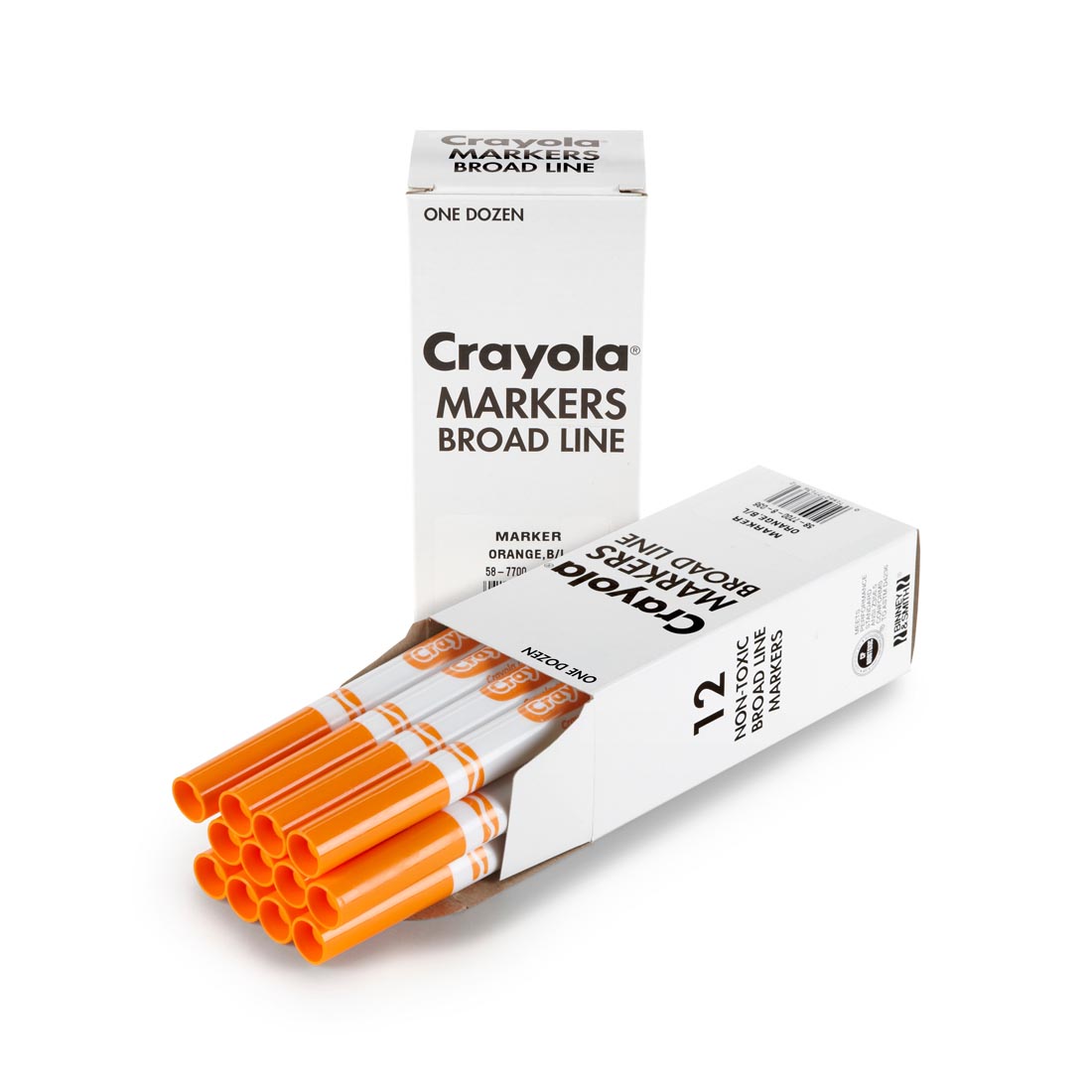 Box of Crayola Broad Line Marker Refills shown both closed and open with 12 Orange Markers