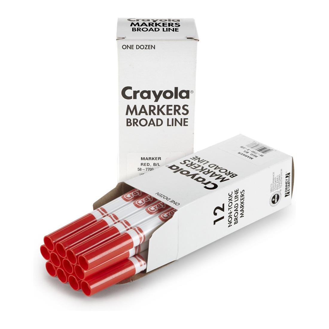 Box of Crayola Broad Line Marker Refills shown both closed and open with 12 Red Markers