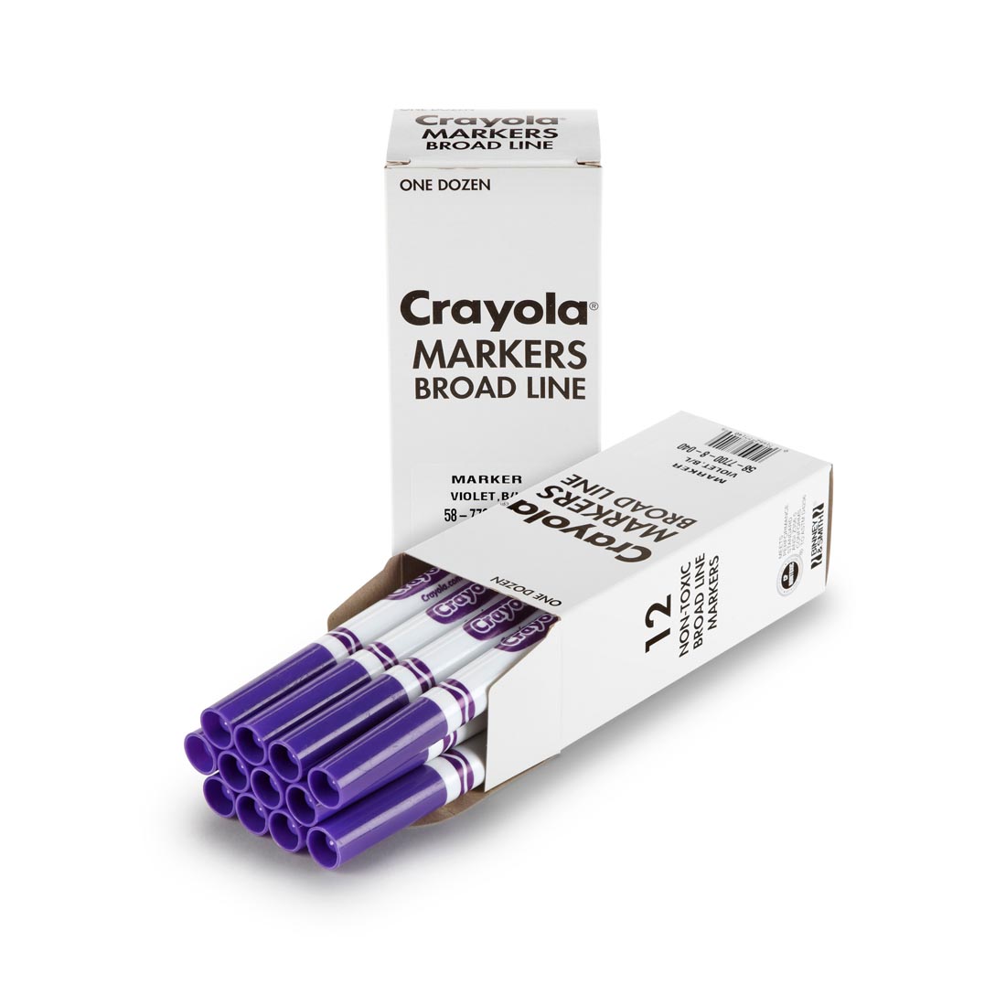 Box of Crayola Broad Line Marker Refills shown both closed and open with 12 Violet Markers