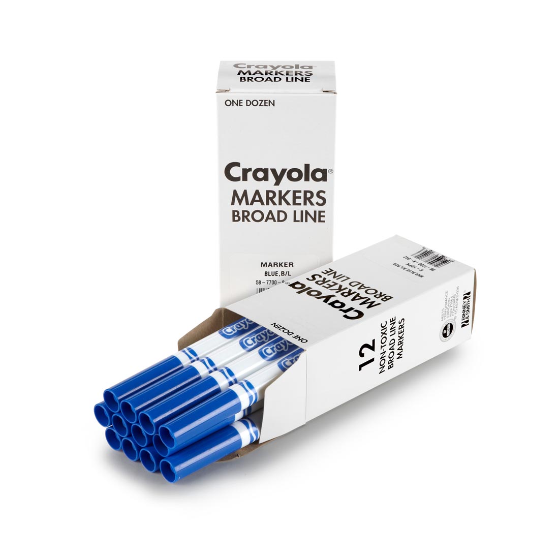 Box of Crayola Broad Line Marker Refills shown both closed and open with 12 Blue Markers