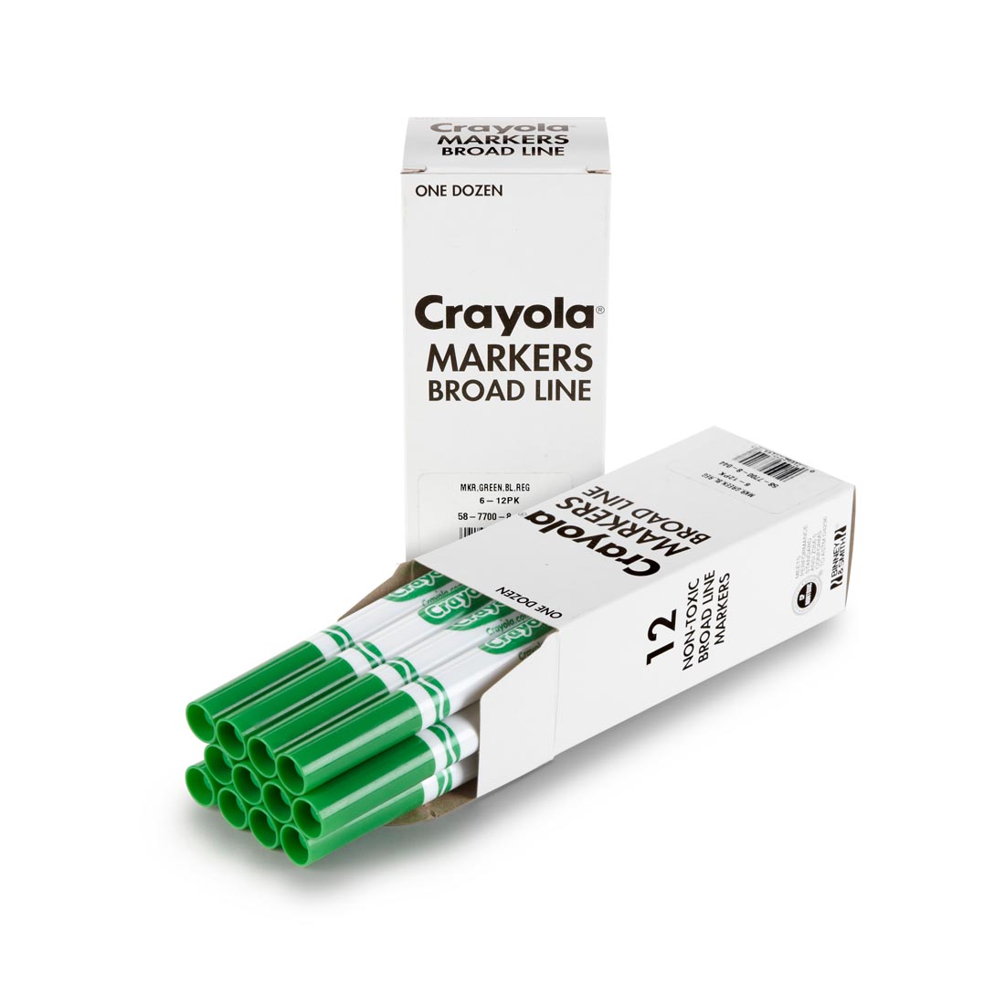 Box of Crayola Broad Line Marker Refills shown both closed and open with 12 Green Markers