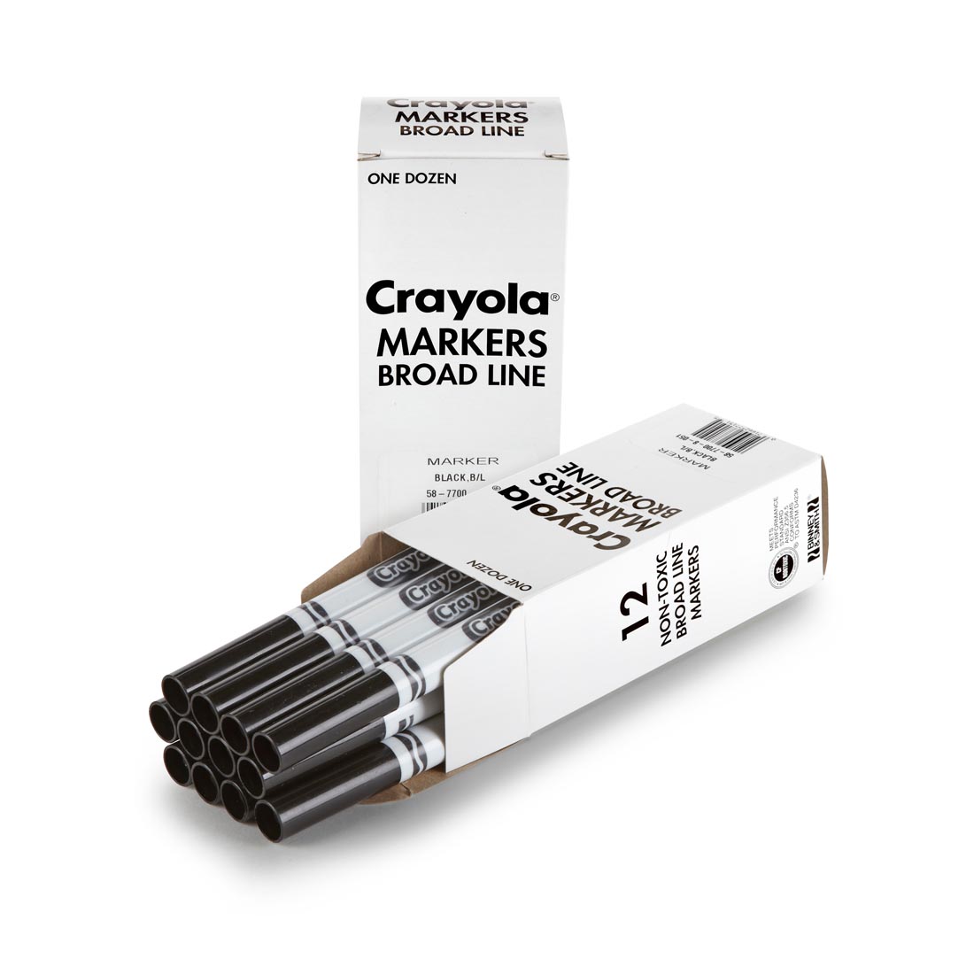 Box of Crayola Broad Line Marker Refills shown both closed and open with 12 Black Markers