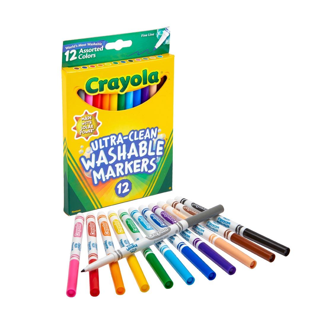 Package of Crayola Ultra-Clean Washable Fine Line Markers 12-Color Set, with markers shown outside the package