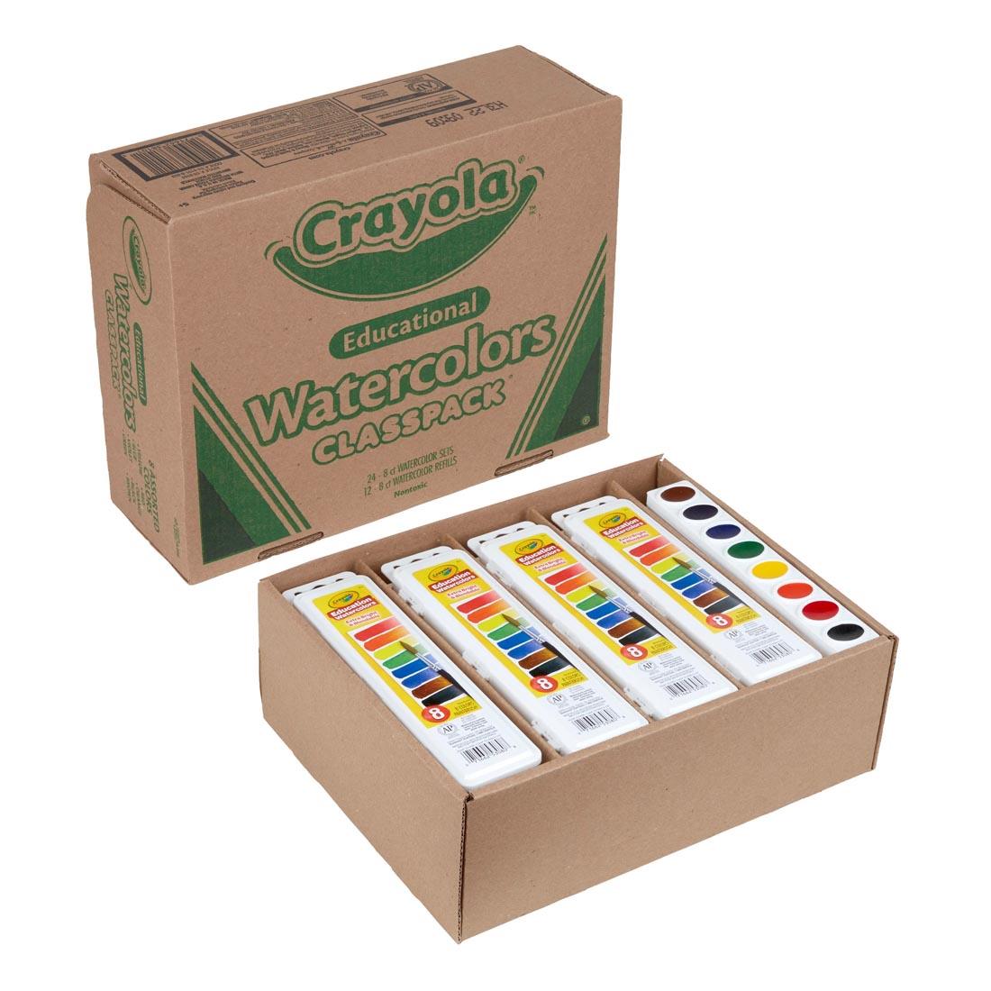 Crayola Oval Pan Watercolors Classpack Box shown open and closed