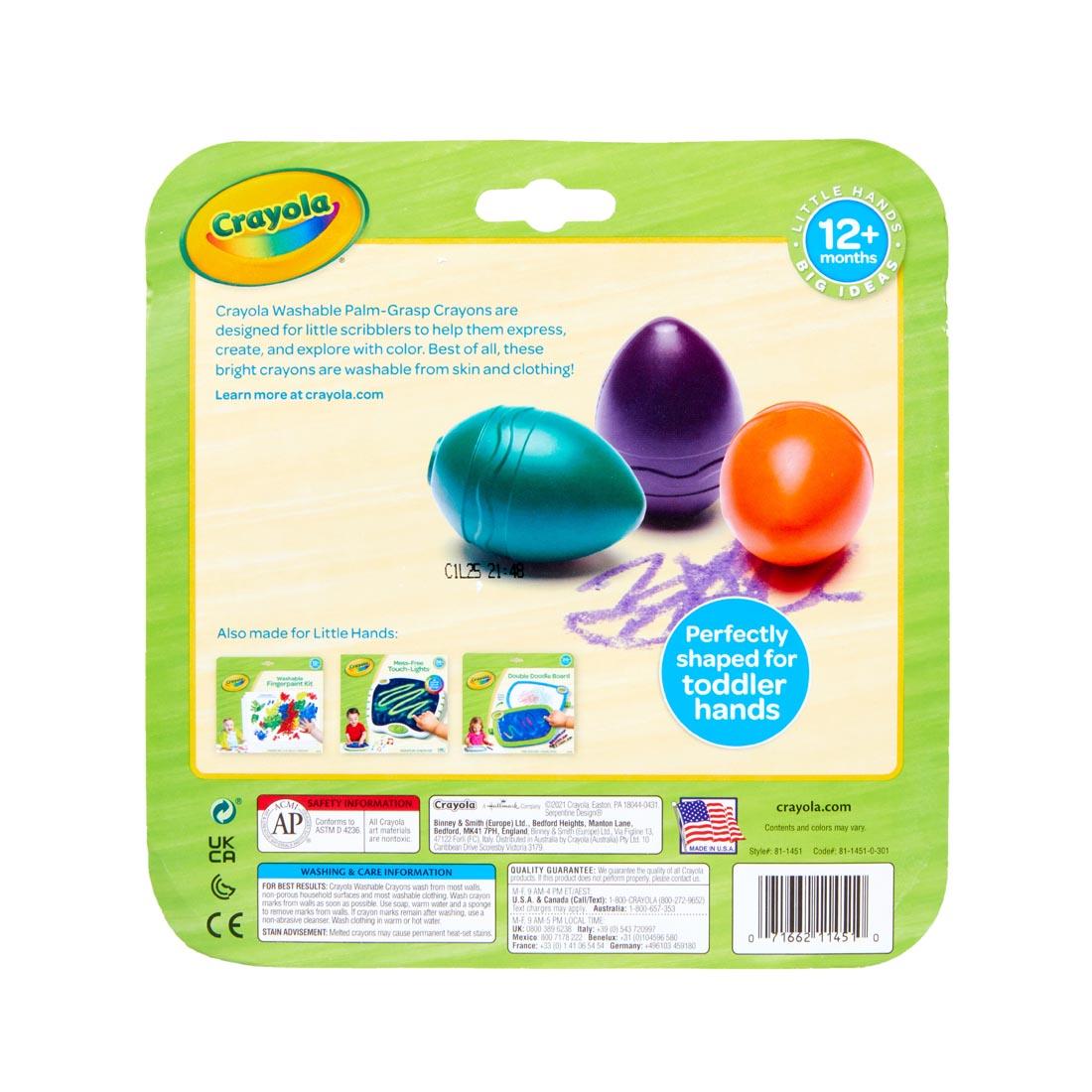 Back of Package of Crayola Washable Palm-Grasp Crayons 6-Color Set