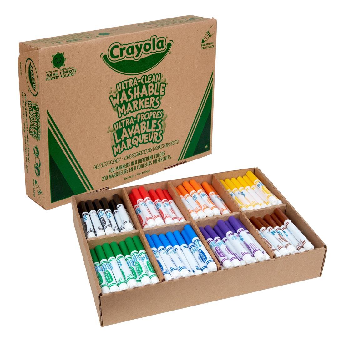 Crayola Ultra-Clean Washable Broad Line Markers 200-Count Classpack box shown both open and closed