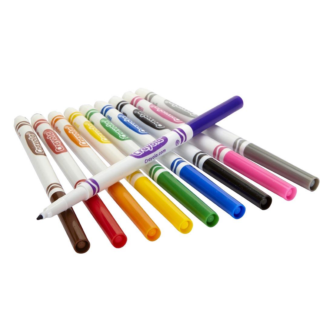 10 Crayola Fine Line Markers in assorted colors, 1 with cap off