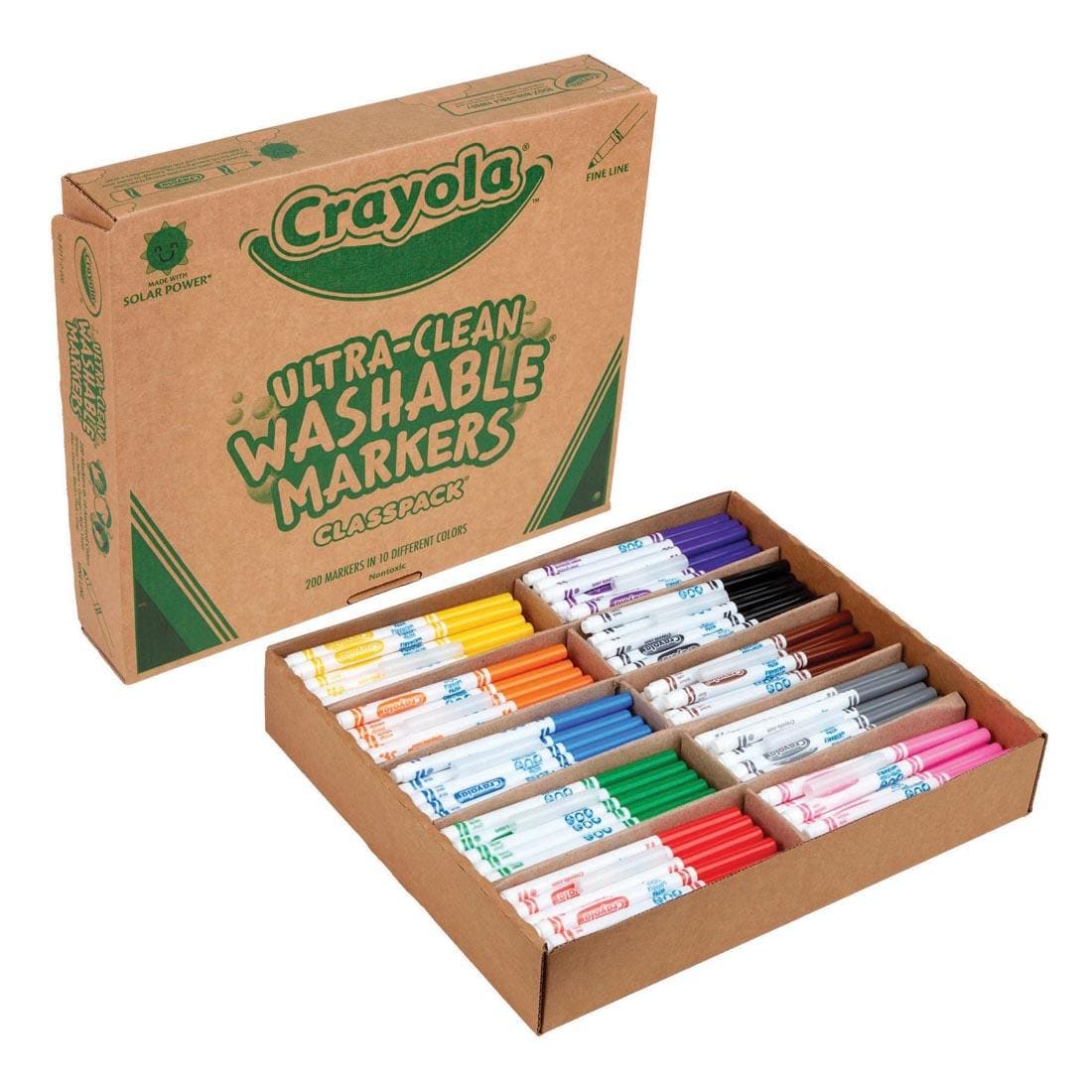 Crayola Ultra-Clean Washable Fine Line Markers Classpack, with an open box in front showing all the markers