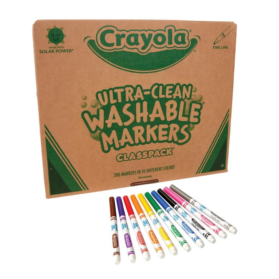 Crayola Ultra-Clean Washable Fine Line Markers Classpack box with one marker of each color shown