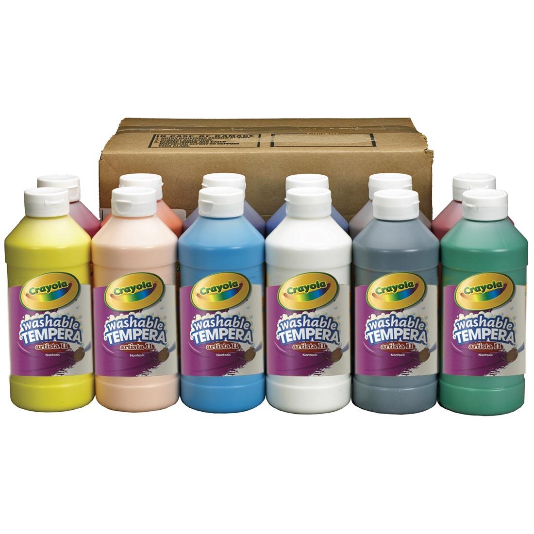 12 Bottles of Paint in front of the box for Crayola Artista II Washable Tempera Paint 12 Pint Set