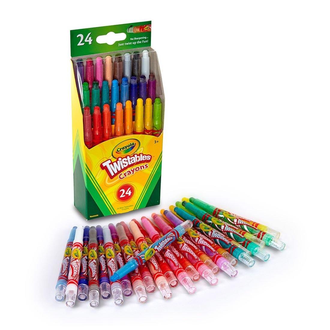 Package of 24 Crayola Mini Twistables Crayons with Crayons fanned out in front