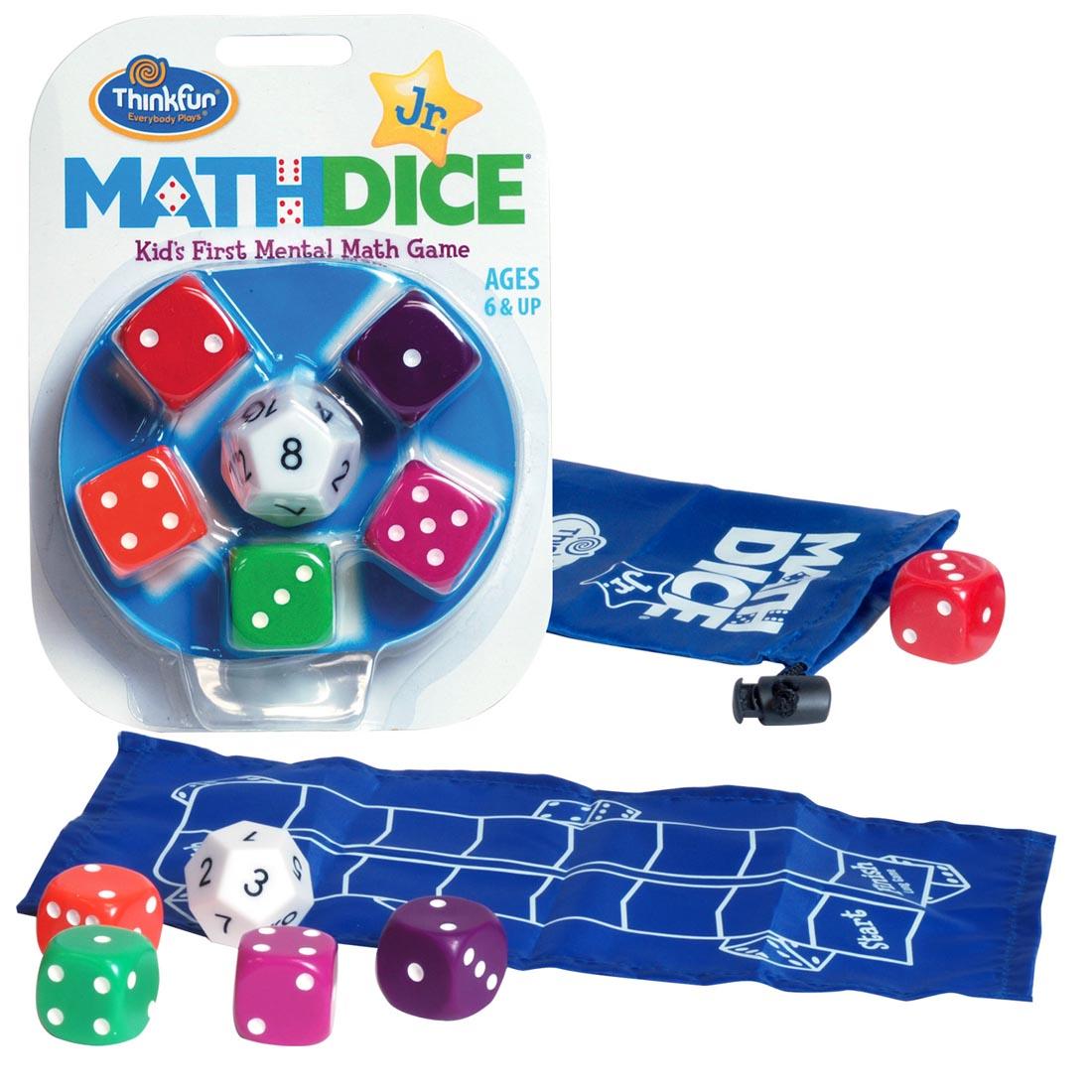 Thinkfun MathDice Jr. Game shown both in and out of package