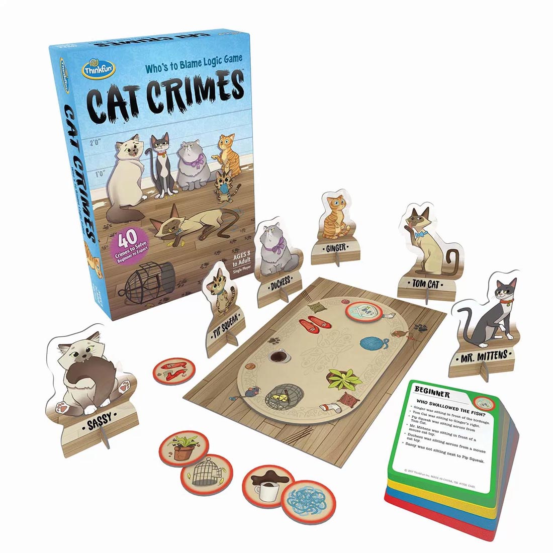 Thinkfun Cat Crimes: Who's To Blame Logic Game shown in use beside its package