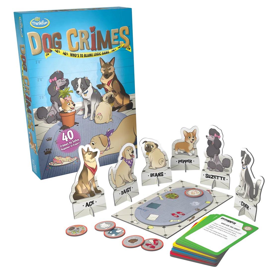 Thinkfun Dog Crimes: Who's To Blame Logic Game shown in use beside its package