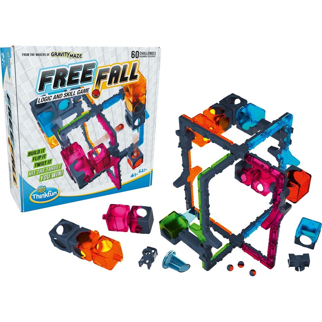 box for Thinkfun Freefall Logic & Skill Game beside a structure built with the pieces