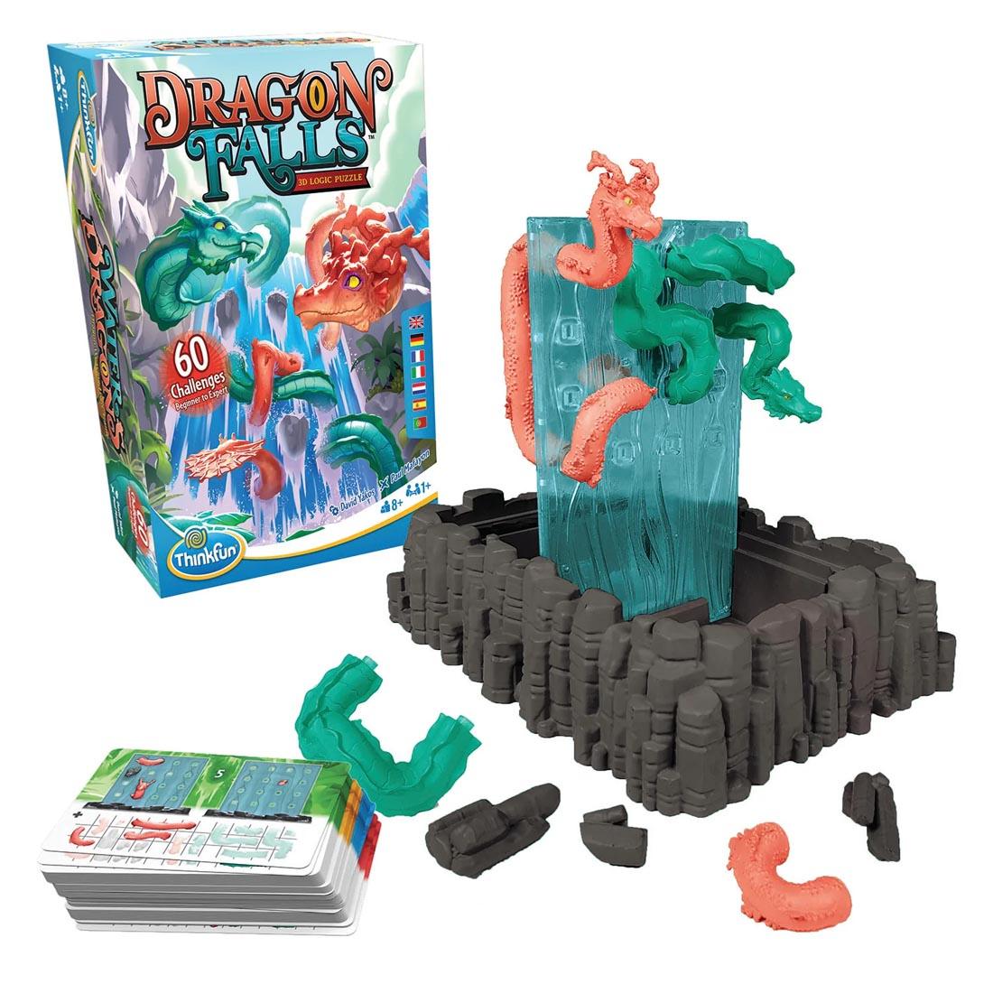 Dragon Falls 3D Logic Game By Thinkfun with its package beside it