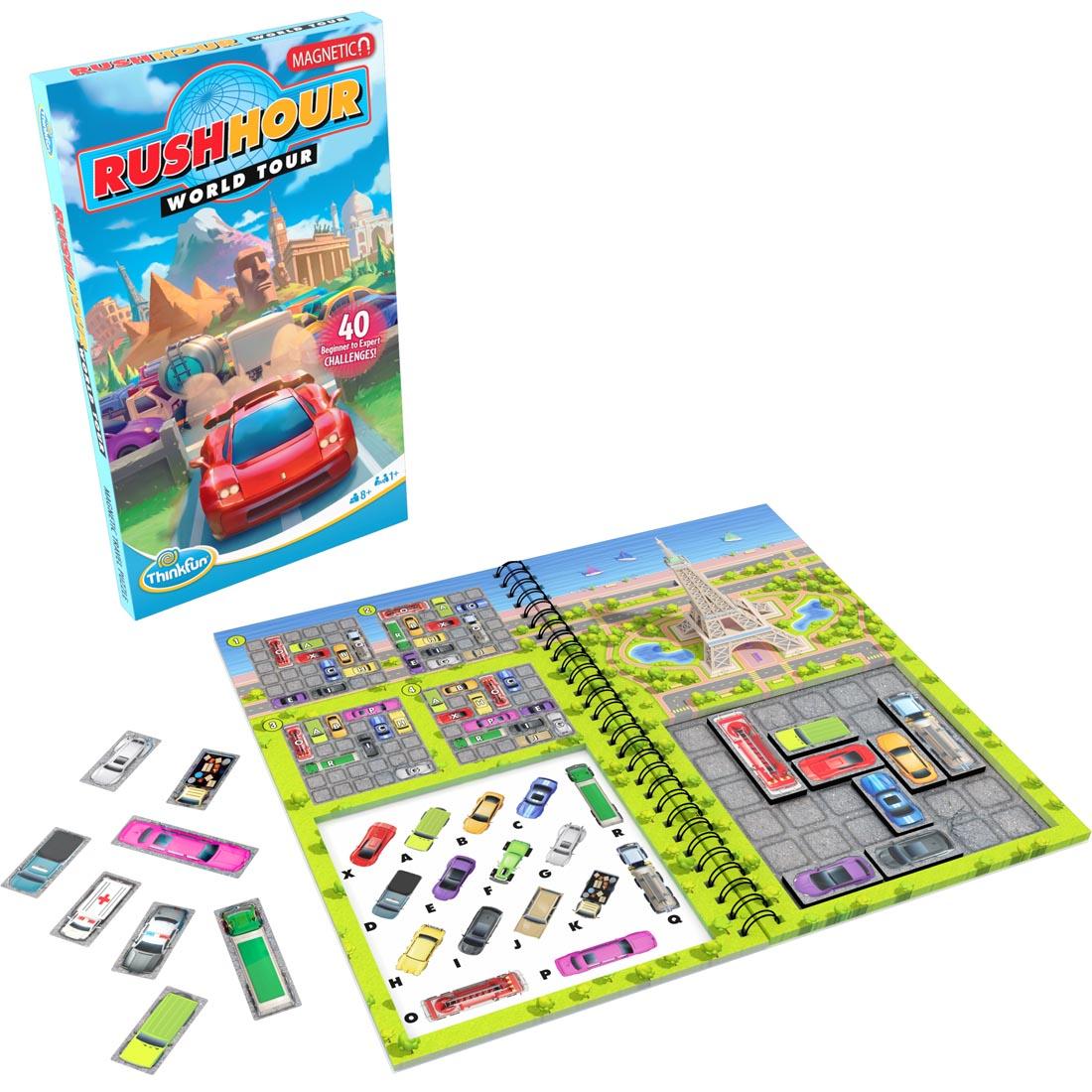 box and contents of the Thinkfun Rush Hour World Tour Magnetic Travel Game