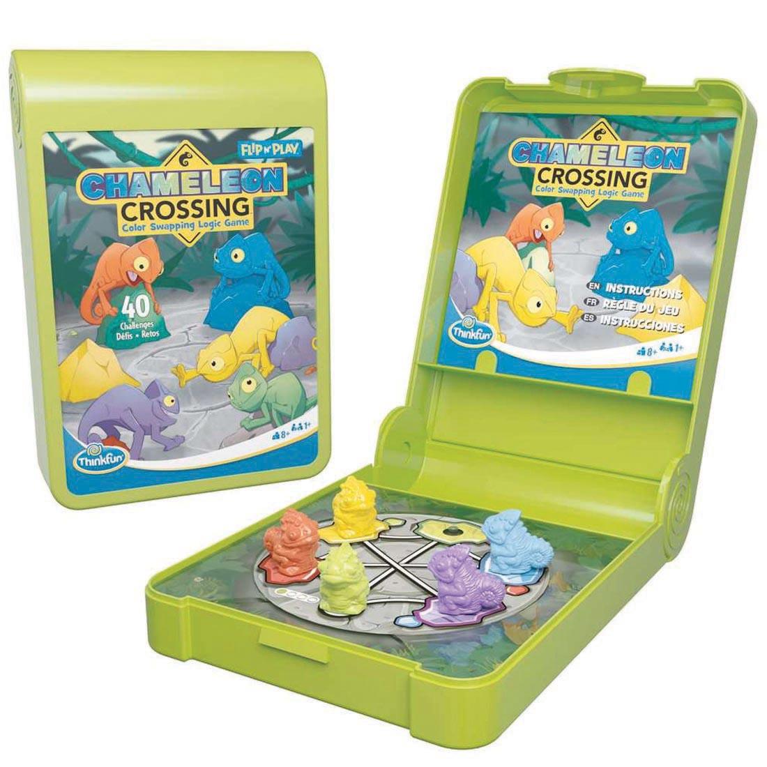 ThinkFun Chameleon Crossing Flip N' Play shown both closed and open