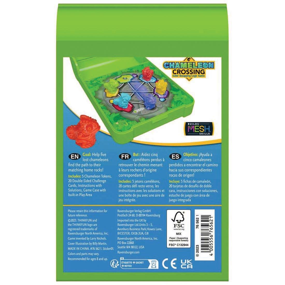 back of the ThinkFun Chameleon Crossing Flip N' Play package