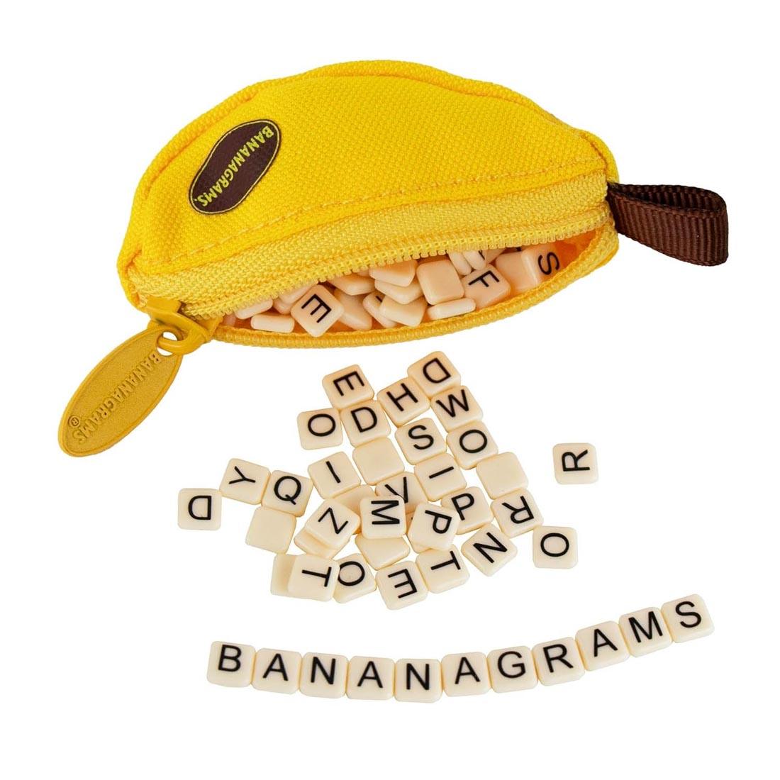 tiles spilling out of an open pouch from World's Smallest Bananagrams Game with tiles spelling BANANAGRAMS