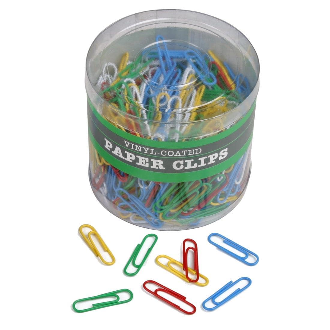 Tub of Vinyl-Coated Paper Clips with 8 clips shown outside