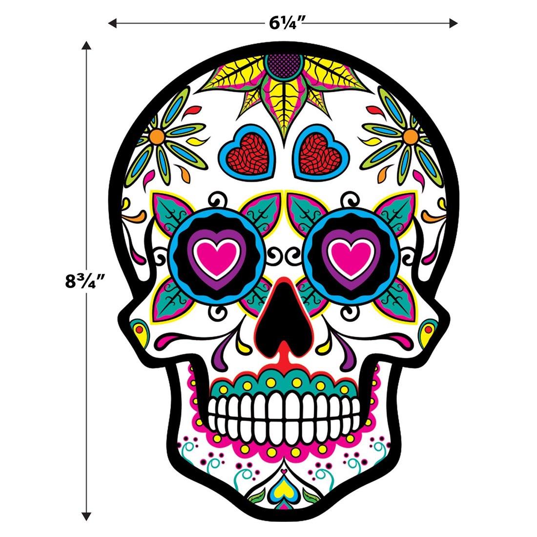 a Day Of The Dead Sugar Skull Cut-Out By Beistle Company labeled with measurements 6-1/4" by 8-3/4"