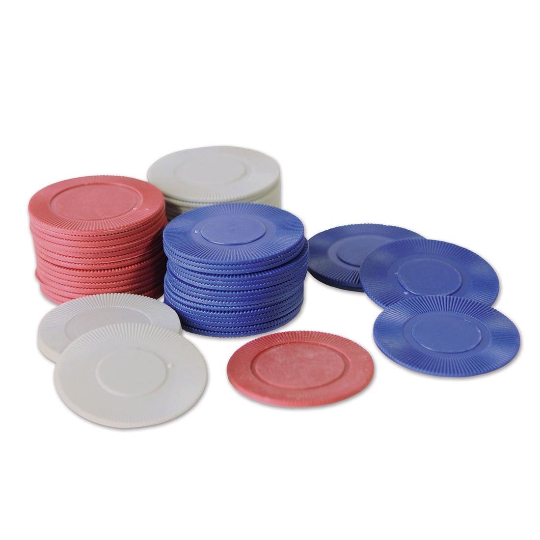Red, white and blue poker playing chips