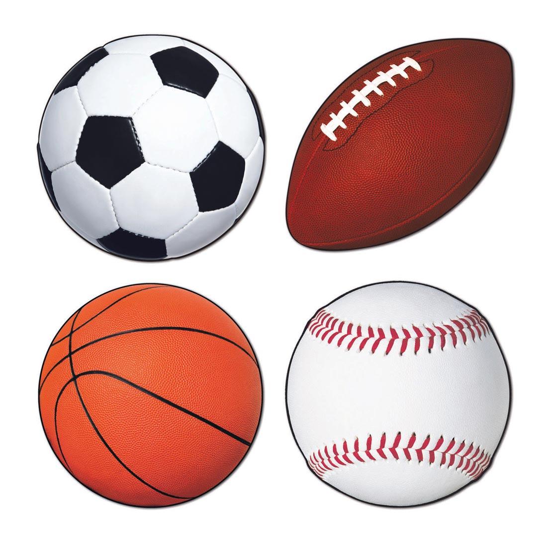 2-Sided Cut-Outs of Soccer Ball, Football, Basketball and Baseball
