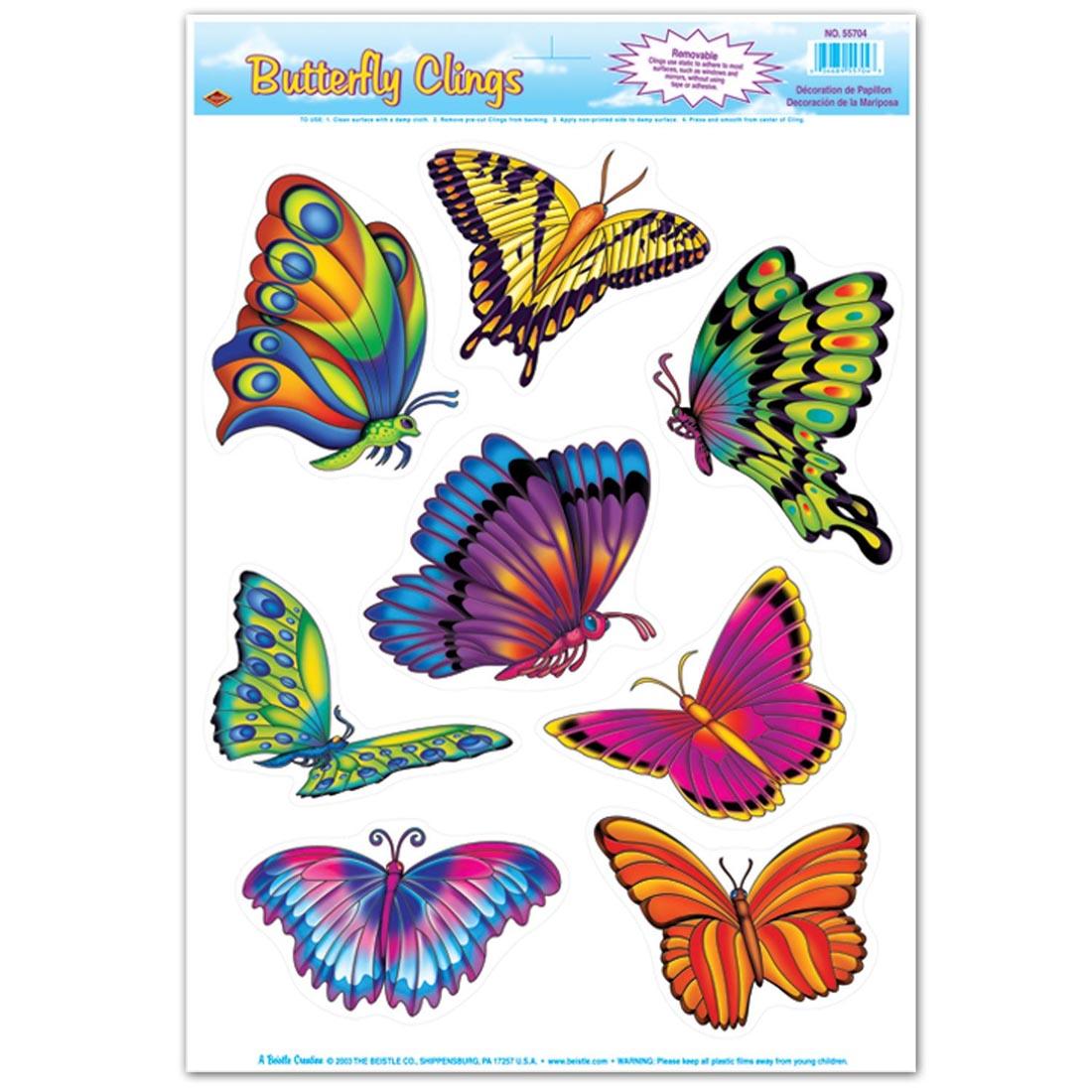 Butterfly Clings By Beistle Company, showing 8 butterfly designs in assorted colors and sizes