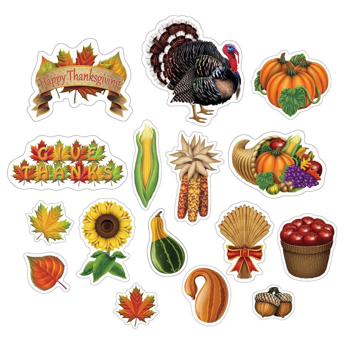Thanksgiving Cut-Outs By Beistle Company including a turkey, cornucopia, sunflower, basket of apples and more