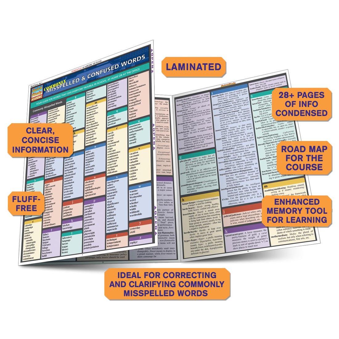 partially unfolded QuickStudy BarChart: Commonly Misspelled And Confused Words with text labels of features