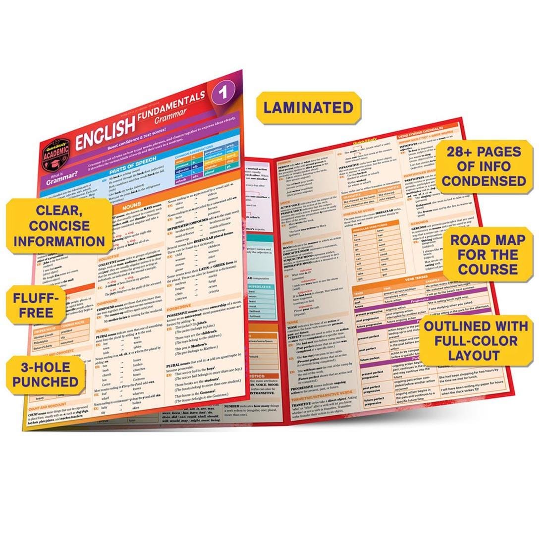 QuickStudy BarChart: English Fundamentals 1 - Grammar with overlay text pointing out the benefits