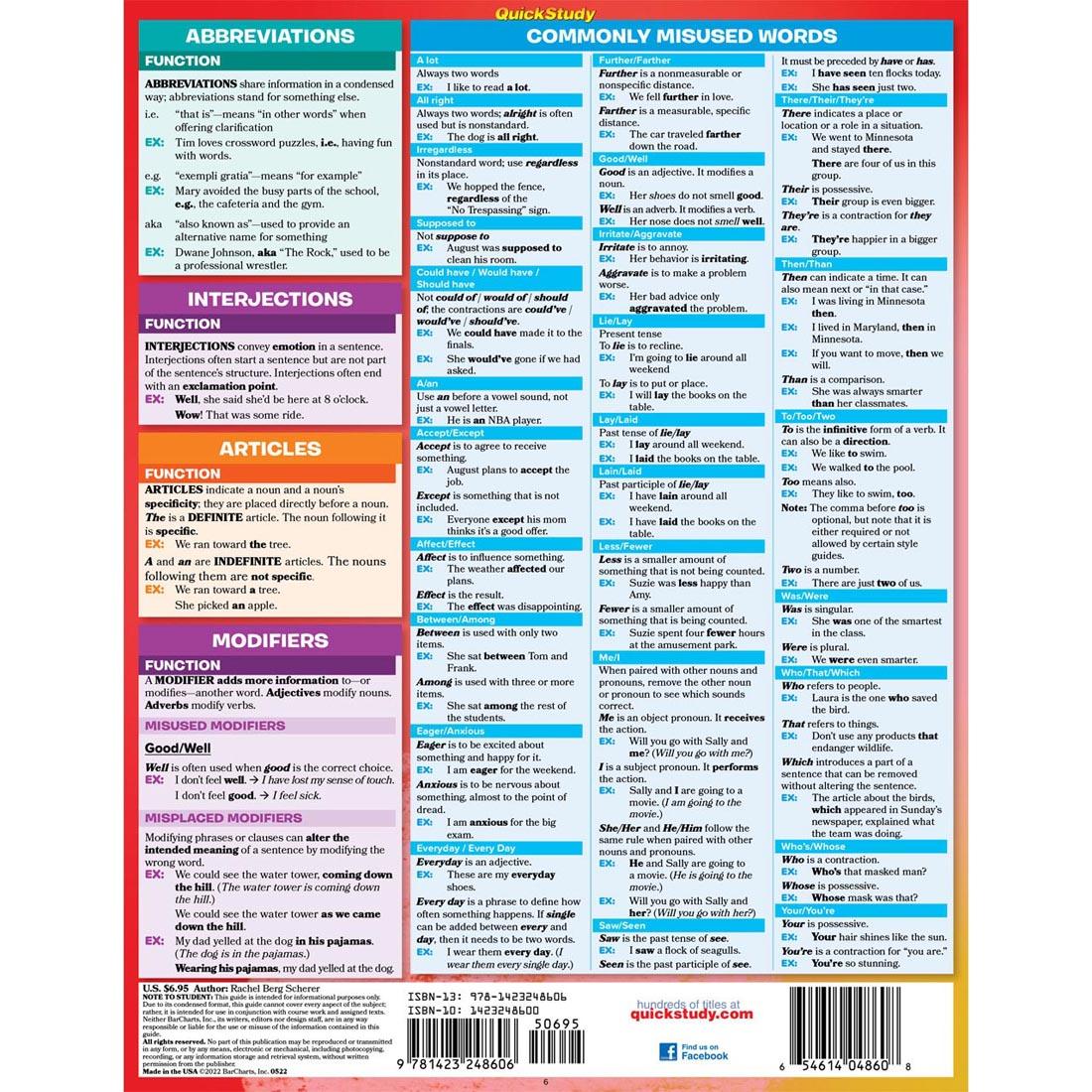 back of QuickStudy BarChart: English Fundamentals 1 - Grammar