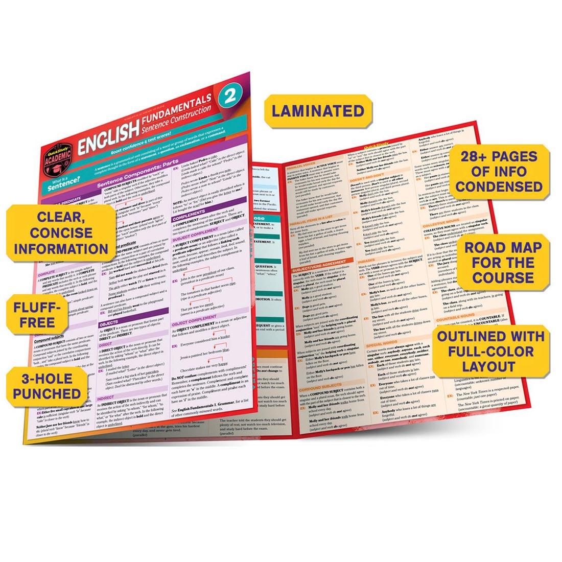 QuickStudy BarChart: English Fundamentals 2 - Sentence Construction with overlay labels pointing out the features