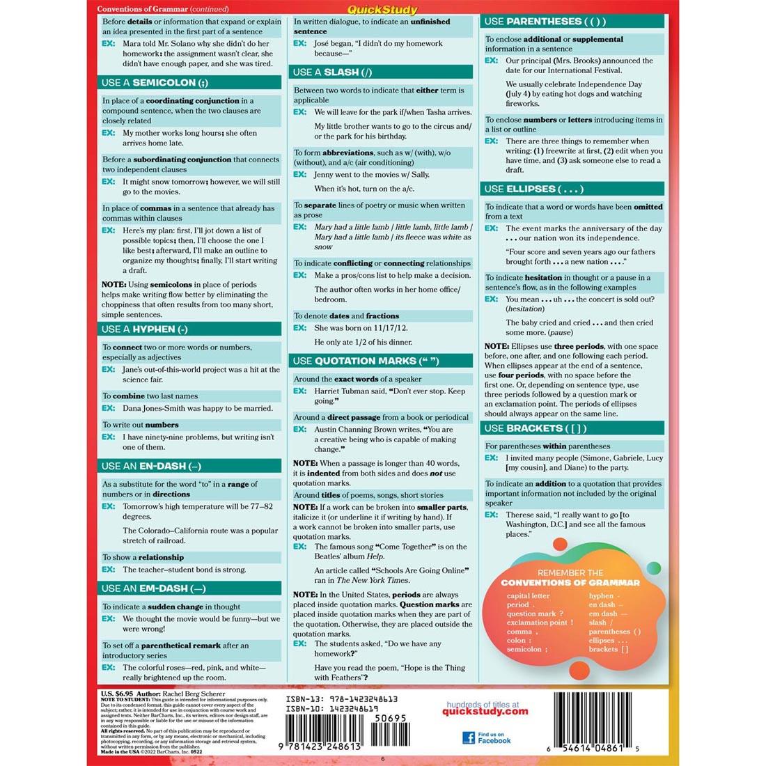 back of QuickStudy BarChart: English Fundamentals 2 - Sentence Construction