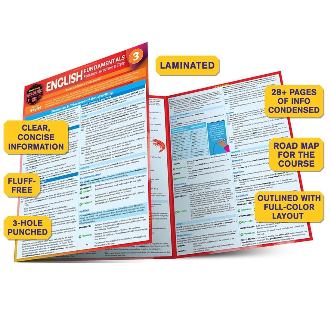 QuickStudy BarChart: English Fundamentals 3 - Sentence Structure & Style with overly text pointing out the features