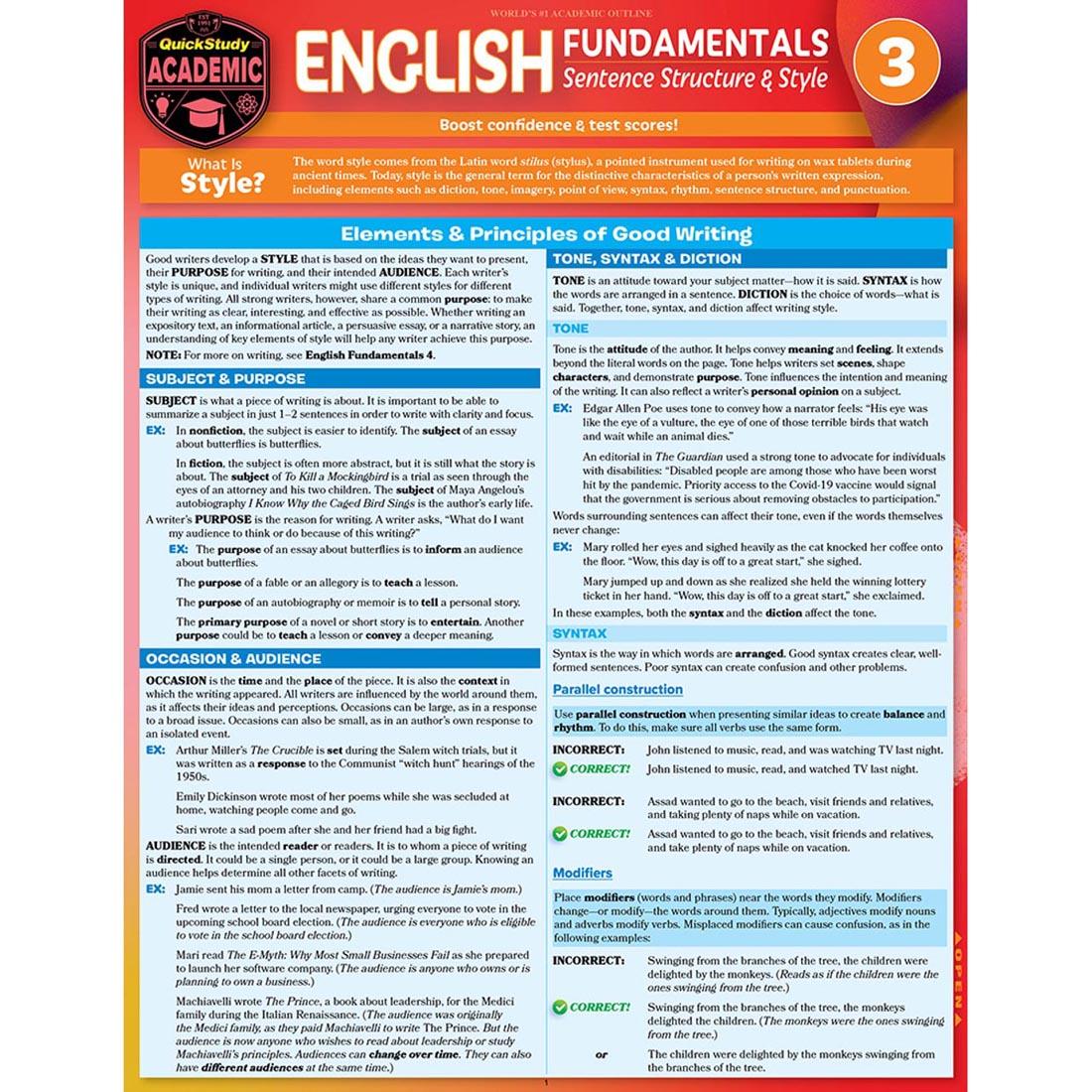 Front of QuickStudy BarChart: English Fundamentals 3 - Sentence Structure & Style