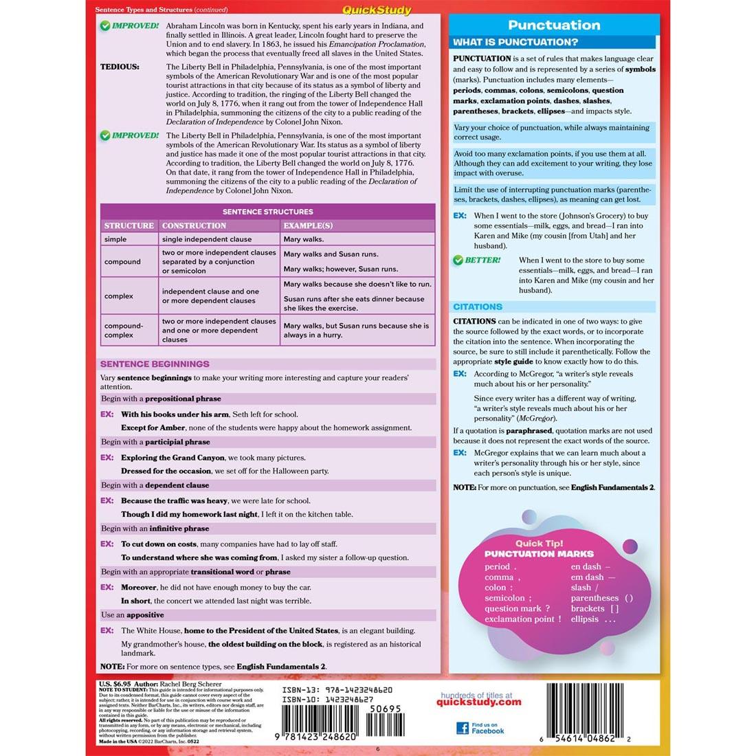 Back of QuickStudy BarChart: English Fundamentals 3 - Sentence Structure & Style