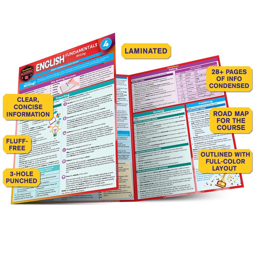 QuickStudy BarChart: English Fundamentals 4 - Writing with overlay text pointing out the features