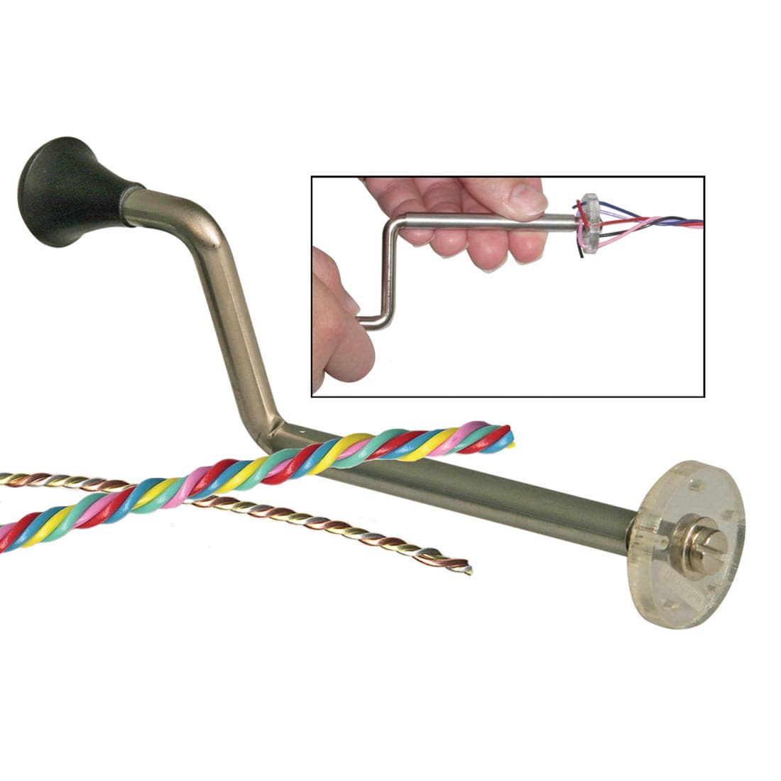 Beadalon Colour Craft Wire Twister shown with sample wires; inset picture of it in use